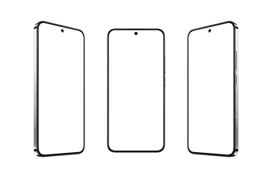 Premium smartphone with isolated, transparent display in three positions. Showcasing digital content, mobile apps, websites, and online shopping. Perfect for marketing cutting-edge solutions