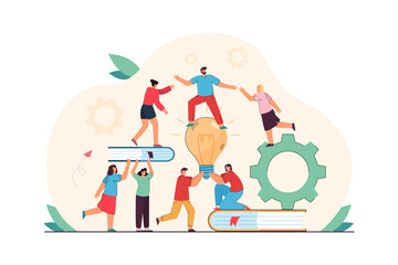 Coworkers supporting each other at work vector illustration. People working together, holding books and lightbulb, helping team leader climb higher. Teamwork, collaboration, business concept
