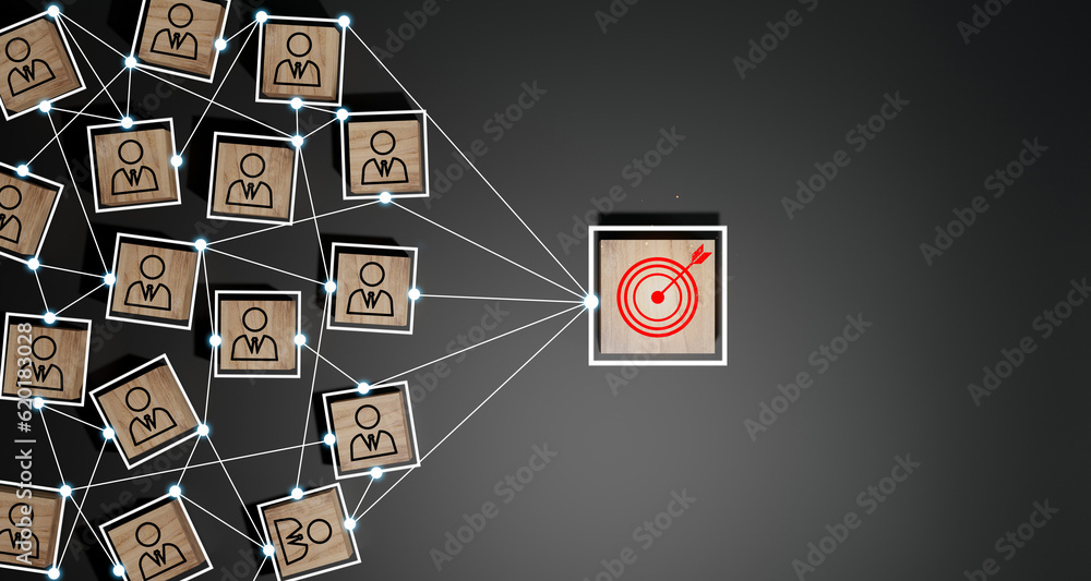 Wall mural wooden cube block print screen person icon which link connection network for organisation structure 