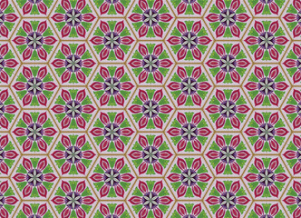 Floral geometric pattern red, green, vibrant vintage retro style, used in print, textiles, decorative, backgrounds, clothing, rugs.