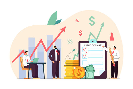 Businessmen planning budget vector illustration. Investors analyzing business plan, checking trading screens and financial indicators, earning money. Investment, finance, stock market concept
