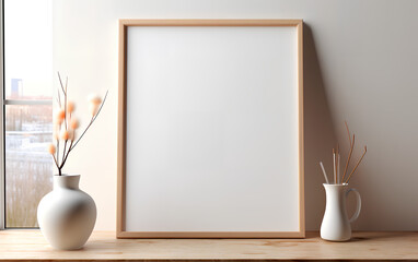 Vertical wooden frame mock-up, positioned near a vase with dried flowers on a wooden table in a minimalist setting. Generative AI.