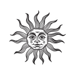 Sun with a face. hand drawing style, engraving. Mystical element for design in boho style, logo, tattoo