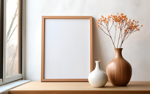 Empty wooden frame mock-up near a modern vase with dry flowers plants on a wooden table. Vertical picture frame mockup. Minimal interior. Generative AI.