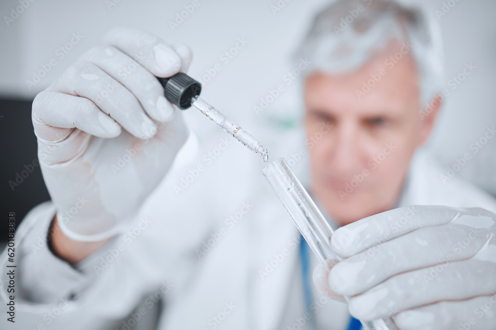 Poster laboratory, science and man with pipette checking results of medical study for pharmaceutical resear