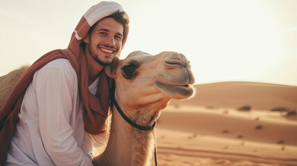 handsome young man with camel in desert adventure, Generaitve Ai