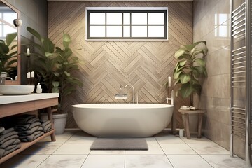 Naklejka na ściany i meble interior design of Modern bathroom interior with wooden decor in eco style. created generative AI