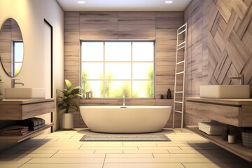 interior design of Modern bathroom interior with wooden decor in eco style. created generative AI