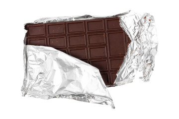 Chocolate bar in foil isolated on white background.