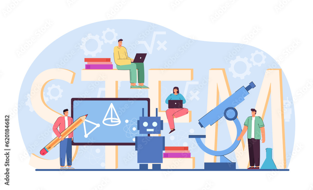 Poster students learning math and technology vector illustration. young people using lab equipment, robots 