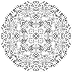 Colouring page, hand drawn, vector. Mandala 209, ethnic, swirl pattern, object isolated on white background.