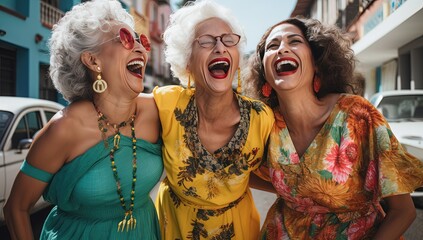 Fototapeta na wymiar group of old women having fun and travel together in outdoors, Silver Gen friendship forever, happy retire lifestyle, Generative Ai