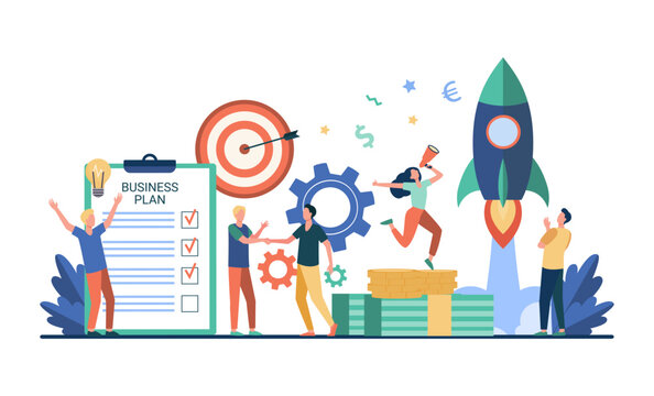 Happy people developing business vector illustration. Businessmen generating ideas, creating business plan, collaborating with partners, making profit. Entrepreneurship, business development concept