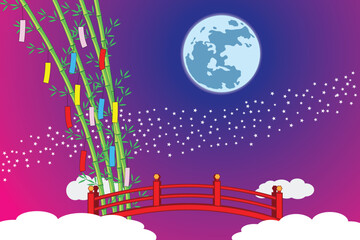 Tanabata Japanese festival or Qixi Festival in Chinese with Milky way which separated couple of lover drawing in colorful cartoon vector