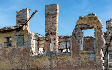 destroyed houses in an abandoned city without people in Ukraine