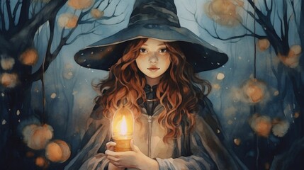 Witch girl holding a lantern in nature at night on Halloween, illustration in watercolor style, AI generated