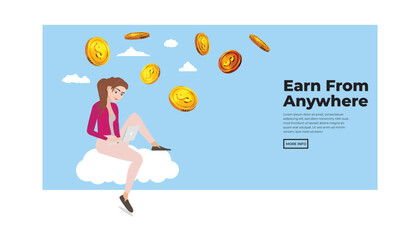 Earn from anywhere concept vector illustration. Girl sitting on cloud and using his laptop and earning money.