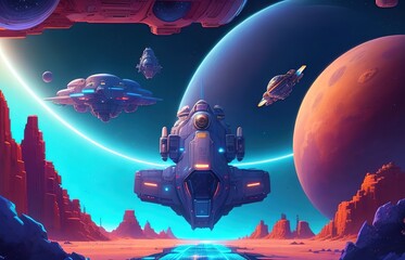 Background Covered With Space Future Theme, 2D Front view, Game Backdrop And Background