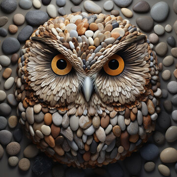 Image of an owl made with various stones gathered together. Birds. Wildlife Animals. Illustration, Generative AI.