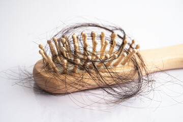 Hair loss fall with comb bush serious problem health, beauty and cosmetic concept.