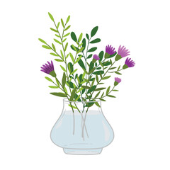 Hand drawn bouquet of flowers in a glass vase on a white background.