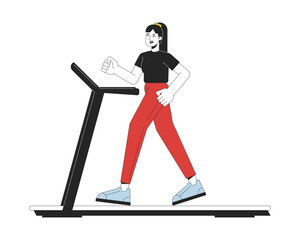 Girl run on treadmill flat line color vector character. Editable outline full body sportsmen on white. Sport in gym simple cartoon spot illustration for web graphic design
