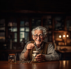 Smiling old man counting his savings, Generative AI Illustration