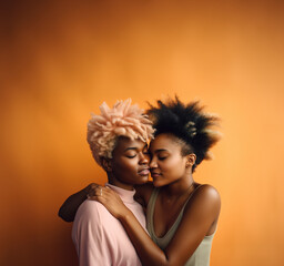 Fototapeta premium Young afro american lesbian couple in embrace on orange background, Generative AI Illustration