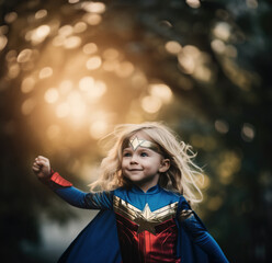 Naklejka premium Cute little girl in superhero costume preparing to fly, Generative AI Illustration