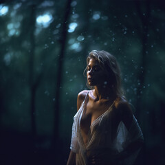 Sensual blonde woman in sheer dress showing her cleavage posing in the woods, Generative AI Illustration - obrazy, fototapety, plakaty