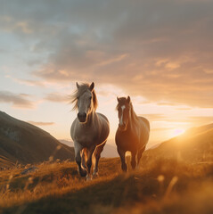 Fototapeta na wymiar Pair of wild horses walking in wilderness at sunset, Generative AI Illustration