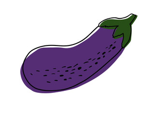 Vector autumn summer purple eggplant with black outline. Isolated Element for autumn festive designs, stickers, cards in autumn falling leaf colors on white background. Harvest festival. Lineart