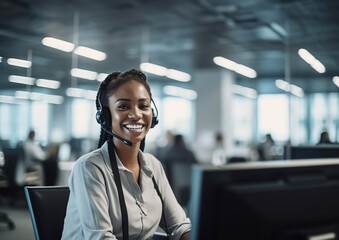 Customer service representative with curly hair talking through headset, Generative AI Illustration