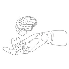 Artificial Intelligence roboе hand with the human brain line art