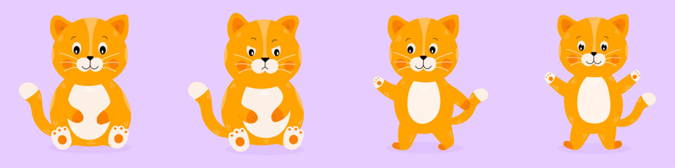 Set of cute cartoon red cats. Happy, grumpy, nice cat. Sitting, walking cat. Funny characters. Vector illustration