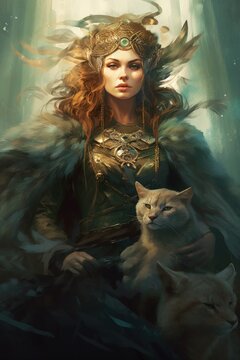 Painting of Freyja, a norse, scandinavian pagan goddess associated with love, beauty, fertility, sex, war, gold, and prophecies. Generative AI image.