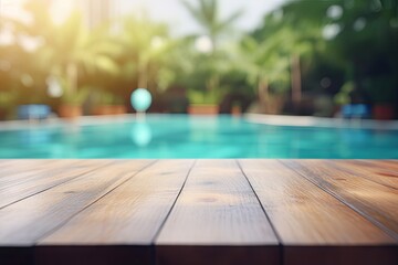 Abstract pool ambiance. Blurred pool background with wooden table for product showcase