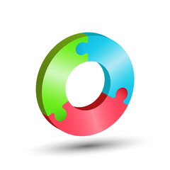 The circle consists of 3 puzzle pieces. 3d illustration for creative ideas and creative design. Volumetric style