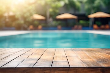 Abstract pool ambiance. Blurred pool background with wooden table for product showcase