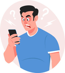 Surprised man looks at his smartphone. Guy received strange message on his phone. Stock vector illustration