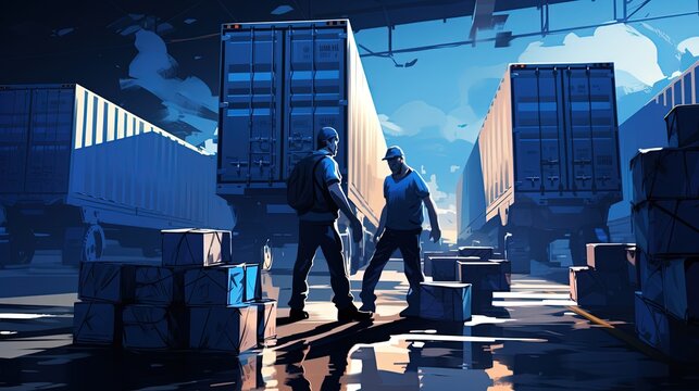 illustration of labor workers working in warehouse, Generative Ai