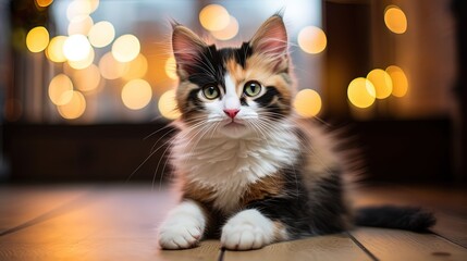 soft focus calico tri color kitten sitting in living room, Generative Ai - obrazy, fototapety, plakaty