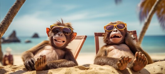 Funny animal monkey summer holiday vacation photography banner background - Closeup of monkeys with sunglasses , chilling relaxing at the tropical ocean beach, in a lounge chair (Generative Ai) - obrazy, fototapety, plakaty