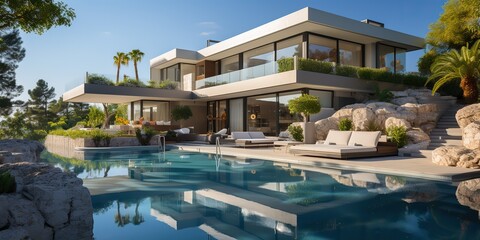 Fototapeta premium AI Generated. AI Generative. Modern design architecture house villa hotel mansion with swimming pool. Outdoor luxury vibe vacation. Graphic Art
