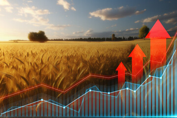 Shot of vast fields of grain with graphs and arrows going up.