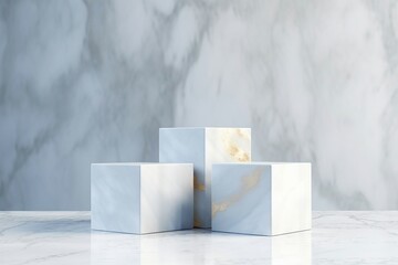 淡いブルーグレーのマーブルの背景に白と金色の四角い三つの展示台がある抽象バナー。AI生成画像