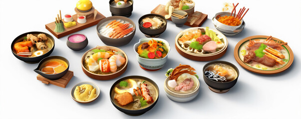 Japanese cuisine. Noodles, vegetables, fish and seafood on white background