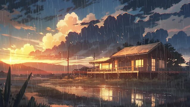 A rural Japanese house with the storm could and rain in the style of anime loop animation