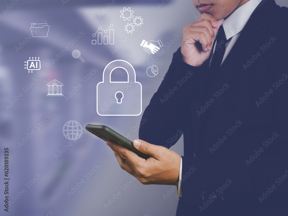 Poster internet security technology security of personal information businessman using smartphone to connec