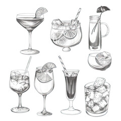 Collection of cocktails on white background. Pencil illustration.